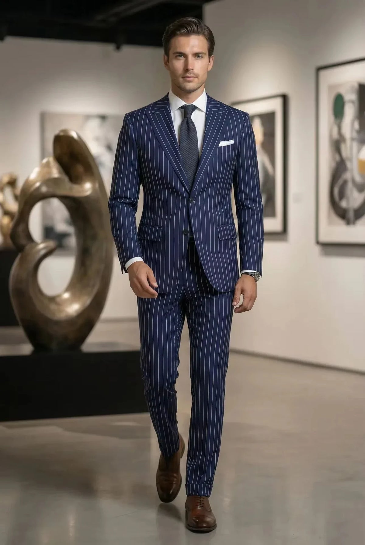 Navy Blue Pinstripe Men's Suits Fashion Peaked Lapel Two Buttons Groom Wedding Business Prom Party Male Suit (Jacket+Pant)
