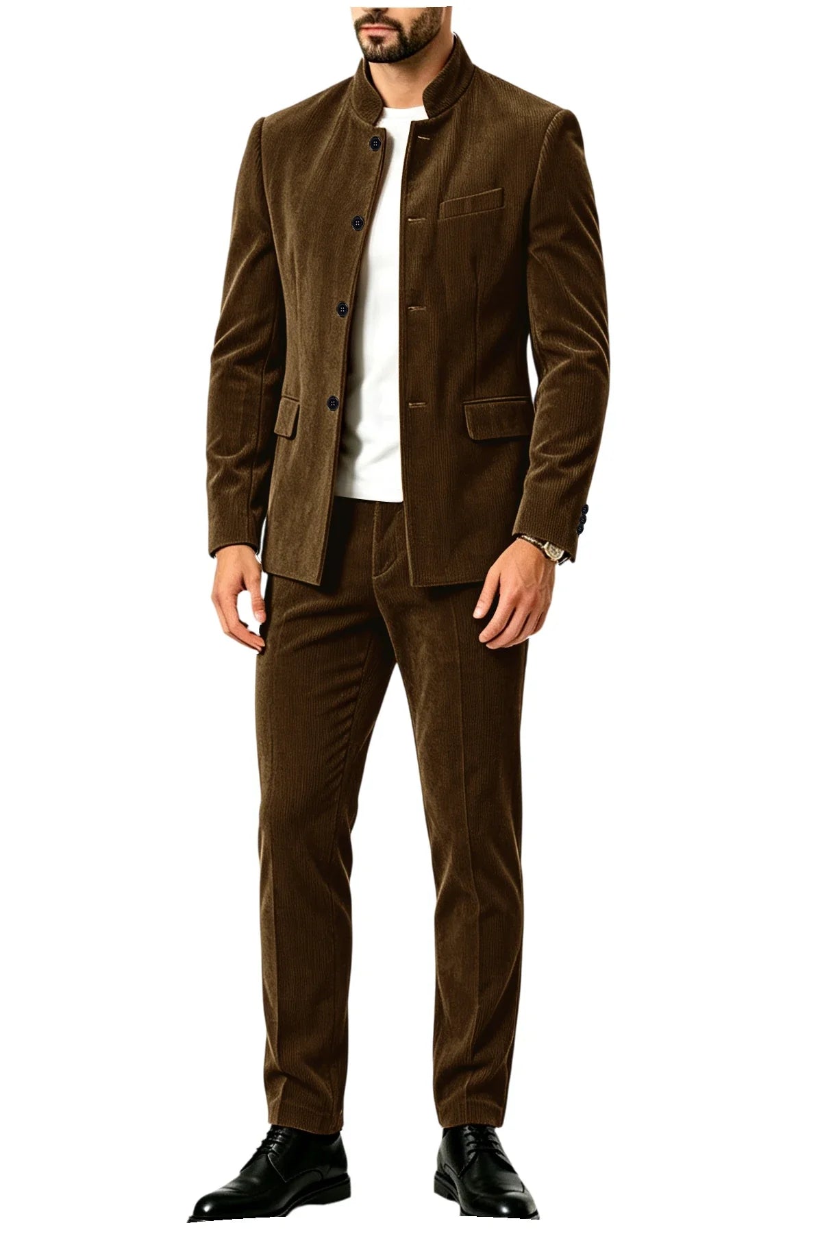 Men's Corduroy 2-Piece Suit – Mandarin Collar Single Breasted Blazer & Pants for Business & Formal Occasions