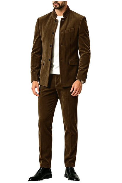 Men's Corduroy 2-Piece Suit – Mandarin Collar Single Breasted Blazer & Pants for Business & Formal Occasions