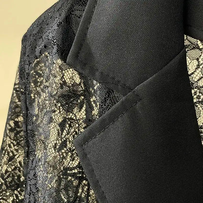 Women Black Sheer Floral Lace Blazer Long Sleeve Lapel Collar Single Breasted See Through Loose Fit Casual wear 2026 new