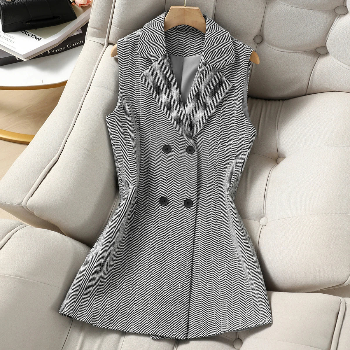 Vintage Women's Herringbone Double-Breasted Blazer Vest, Sleeveless Notched Lapel Long Waistcoat, Elegant Office Work Suit Vest