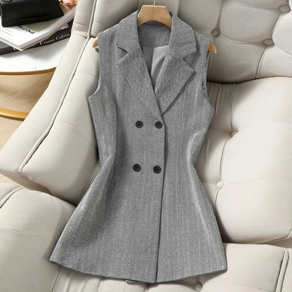 Vintage Women's Herringbone Double-Breasted Blazer Vest, Sleeveless Notched Lapel Long Waistcoat, Elegant Office Work Suit Vest