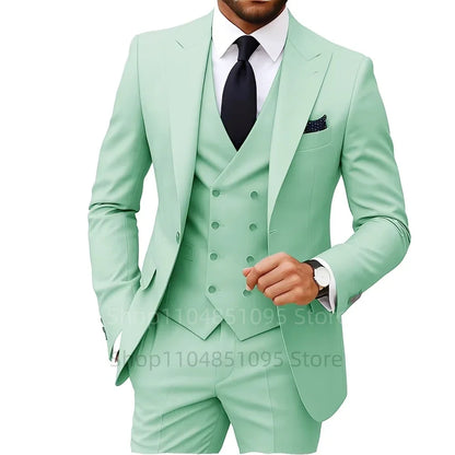 Solid Color Fashion Men Formal Business Suits Wedding Suit Slim Fit Groom Tuxedos 3 Pcs Set Dress Peak Lapel Blazer Vest Pants