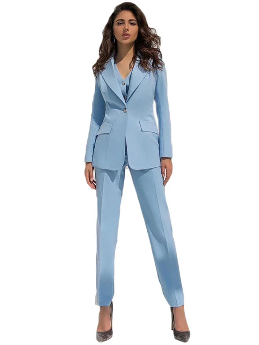 Women Suits 3 Piece Peak Lapel Long Sleeves Solid Outfits One Button Business Casual Office Pants Sets (Jacket+Vest+Pants)