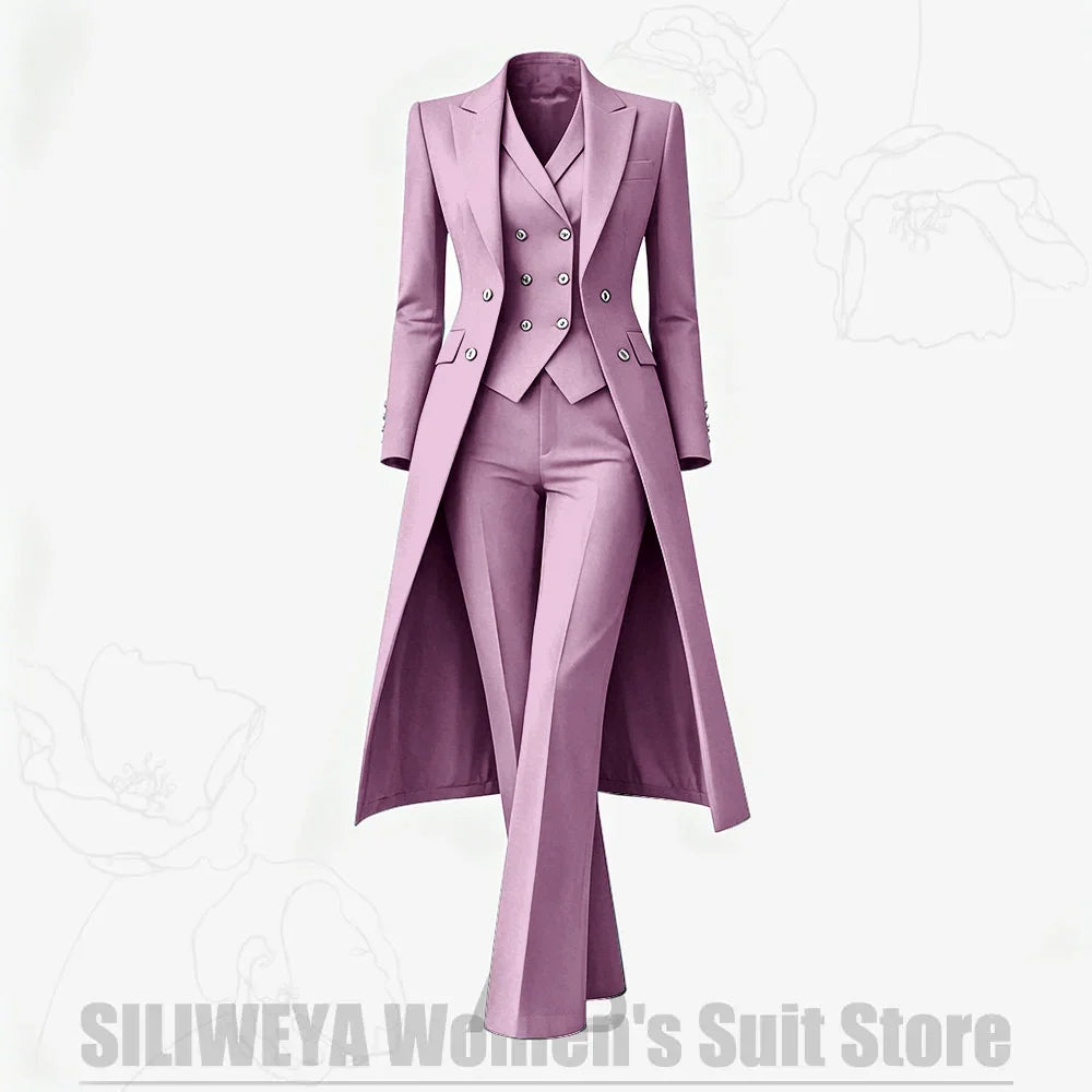 Women's Suit 3 Piece Double Breasted Long Coat Vest Pants Elegant Formal Business Wear Luxury Wedding Party Prom Outfit 2026
