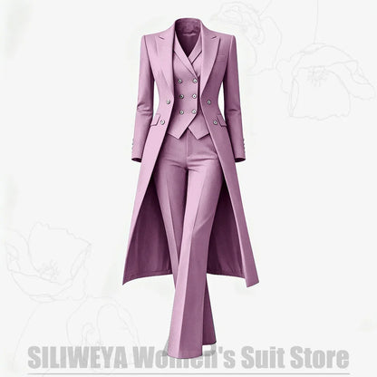 Women's Suit 3 Piece Double Breasted Long Coat Vest Pants Elegant Formal Business Wear Luxury Wedding Party Prom Outfit 2026