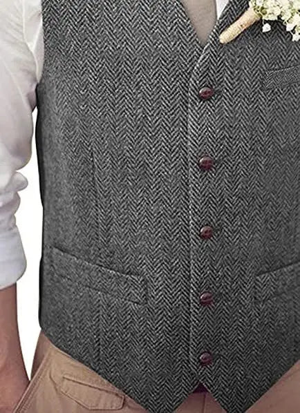 Men's Vest Herringbone V-Neck Single Button Waistcoat for Wedding, Business & Casual Wear