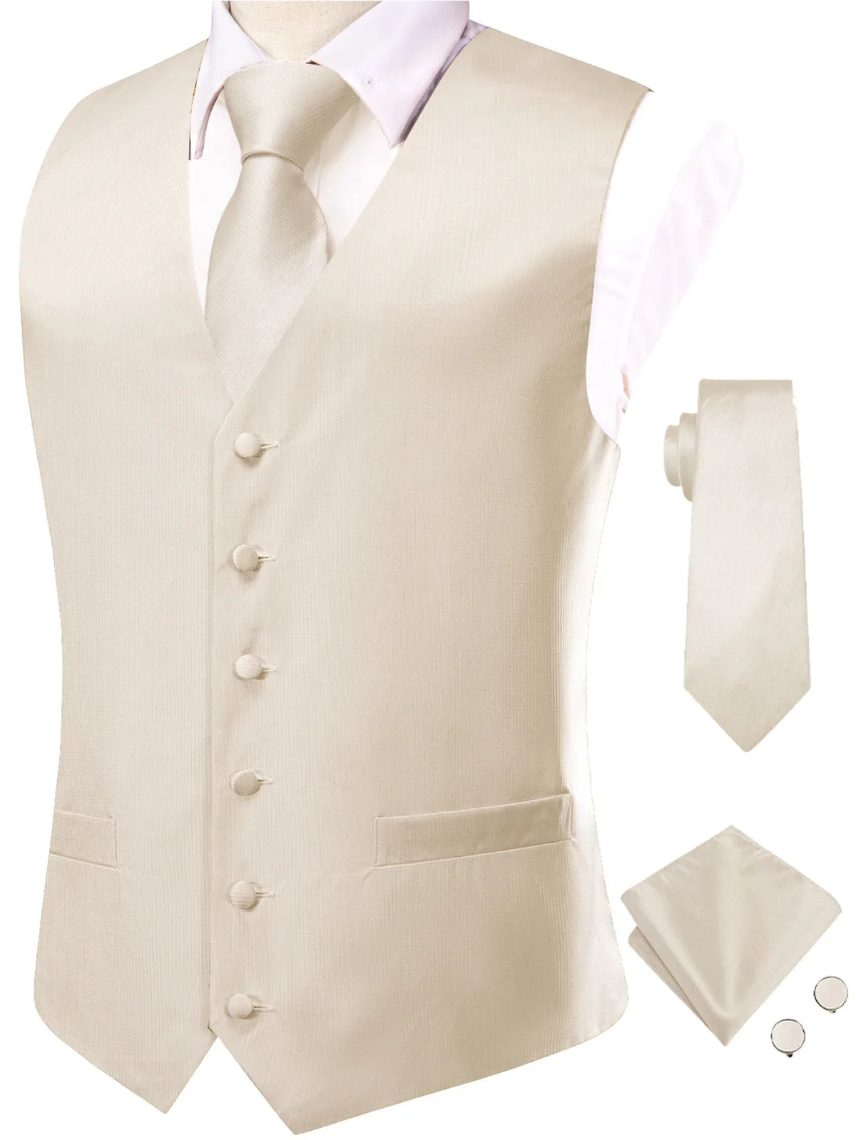 Men's Suit Vest Set with Tie Hanky and Cufflinks – Beige Paisley Waistcoat for Weddings and Formal Occasions