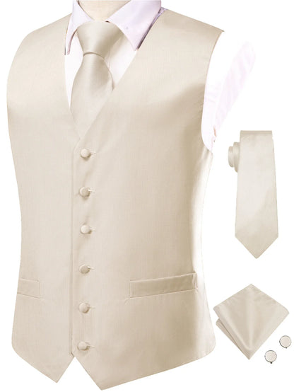 Men's Suit Vest Set with Tie Hanky and Cufflinks – Beige Paisley Waistcoat for Weddings and Formal Occasions