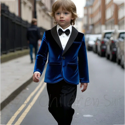 Elegant Shawl Lapel Velvet Boys Suit Jacket with Black Pants Fashion Outfit Single Button Party Banquet Formal Set Two Pieces