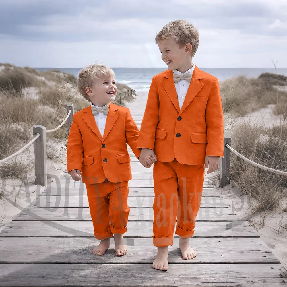 Beige Linen 2 Pieces Boys Suit Jacket Pants Kids Ring Bearer Outfit Breathable Summer Beach Wedding Birthday Party Costume