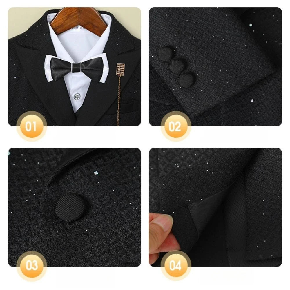 Glitter Exquisite Boys Suits 5 Pieces Stage Perfoemance Wear,Classic Smart Peak Lapel Suit Set Wedding Ring Bear Outfit In Stock