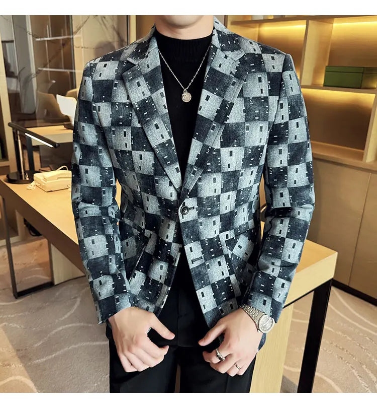 Korean Jacquard Denim Jacket for Men Autumn Winter Casual Business Men Blazers Slim Fit Wedding Social Dress Coat Men Clothing