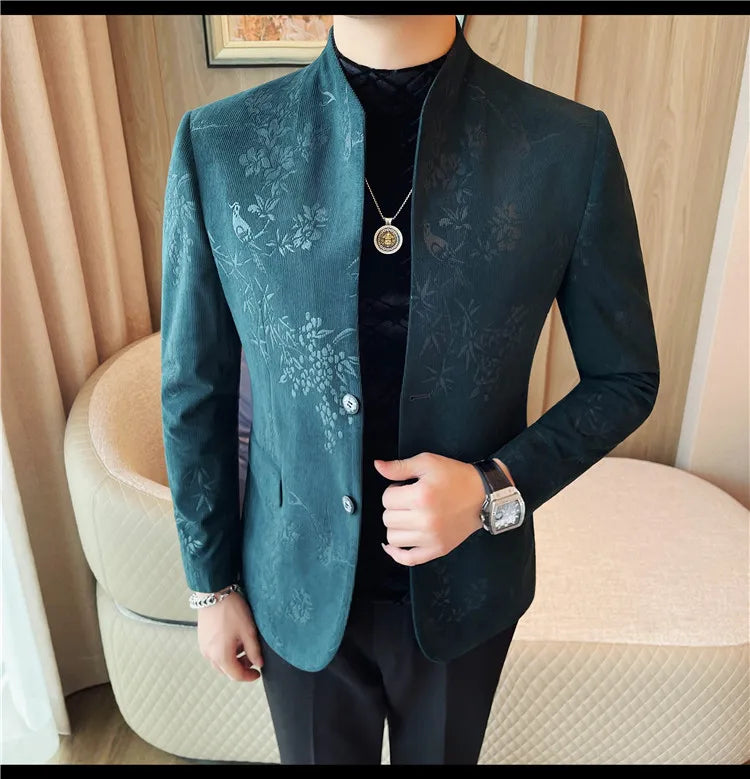 2025 Spring Trendy Jacquard Suit Jacket Men Stand Up Collar Casual Blazers Slim Wedding Business Streetwear Social Dress Coats