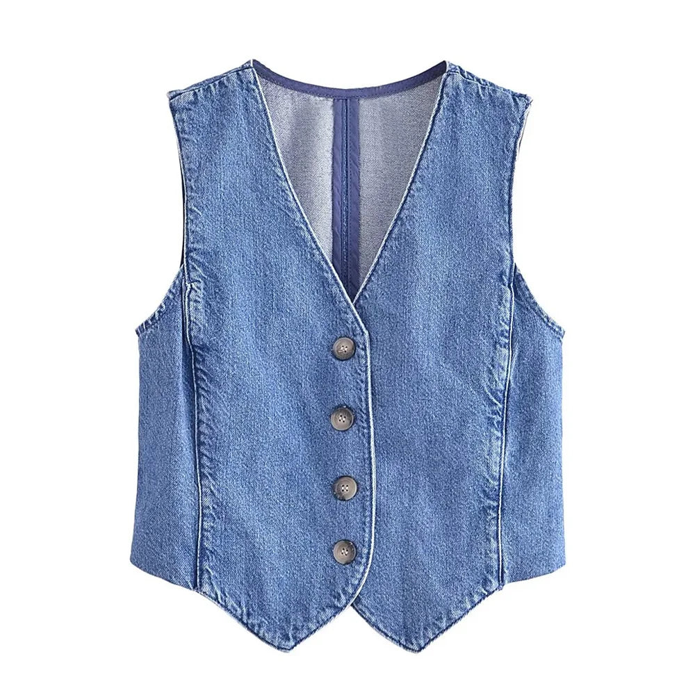 Women Fashion Front Button Denim Waistcoat Vintage V Neck Sleeveless Female Outerwear Chic Vest Tops