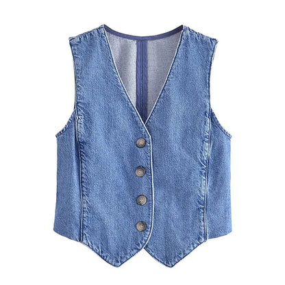 Women Fashion Front Button Denim Waistcoat Vintage V Neck Sleeveless Female Outerwear Chic Vest Tops
