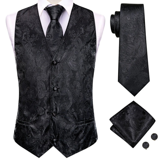 Men's Vest 4-Piece Set Woven Paisley Waistcoat with Tie Pocket Square and Cufflinks for Weddings and Formal Occasions