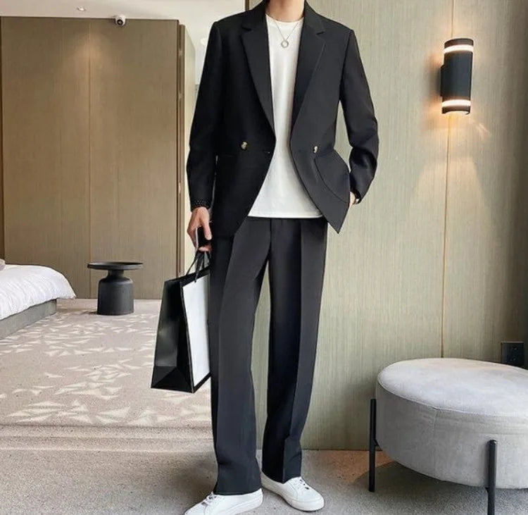 Men's Spring Autumn Casual Blazer Set Korean Slim Fit Lightweight Loose Smart Chic Suit Jacket Fashion Trendy Top