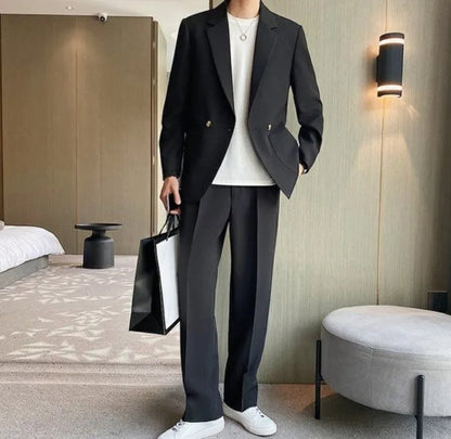 Men's Spring Autumn Casual Blazer Set Korean Slim Fit Lightweight Loose Smart Chic Suit Jacket Fashion Trendy Top