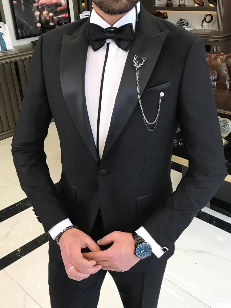 Men Suit 2 Piece Black With Bright Lapel Single Button For Wedding Banquet Birthday Party Business Office Daily Jacket And Pants