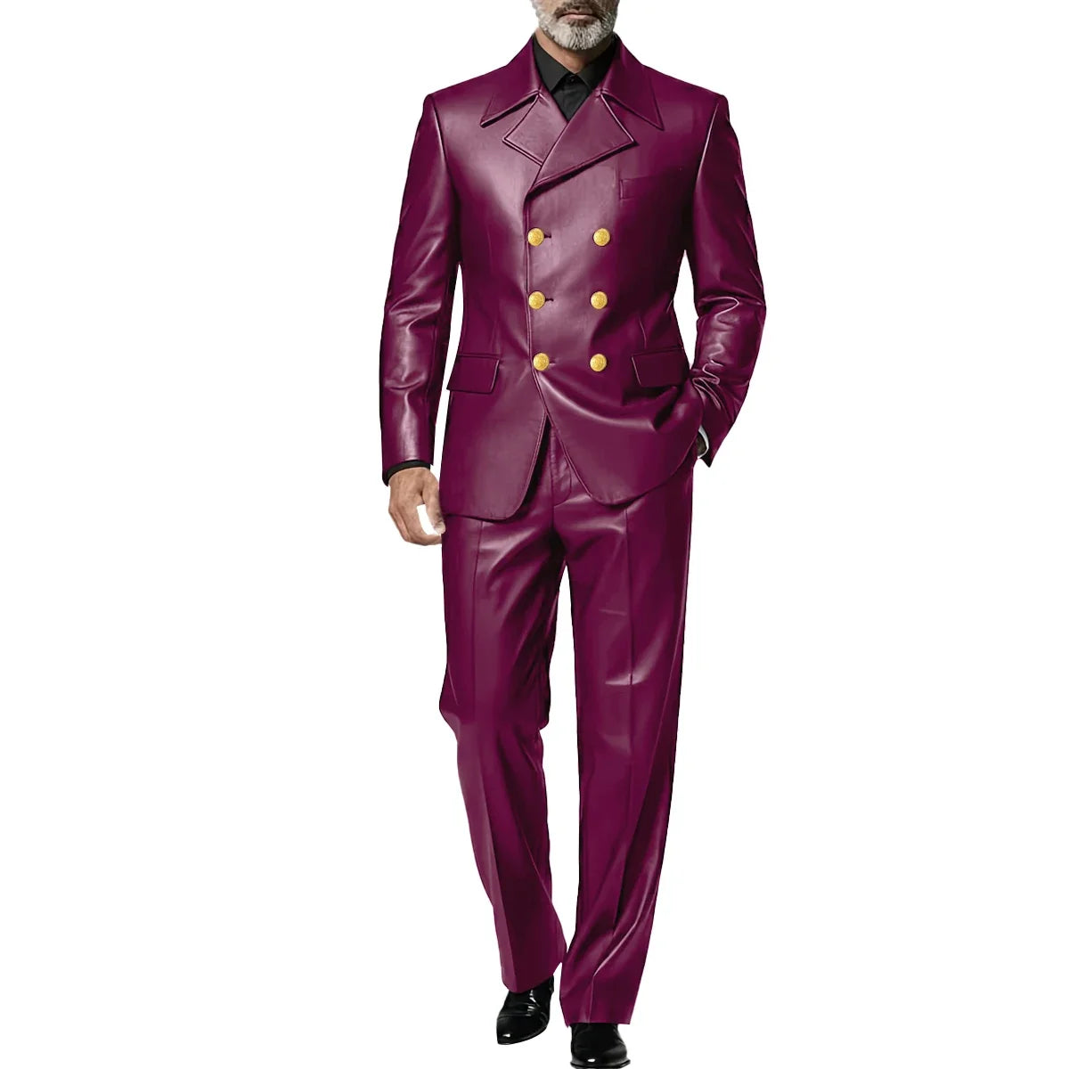 Men's Leather 2 Piece Suit Retro Double Breasted Peak Lapel Slim Fit Blazer Straight Leg Pants Formal Set Business Casual Weddin