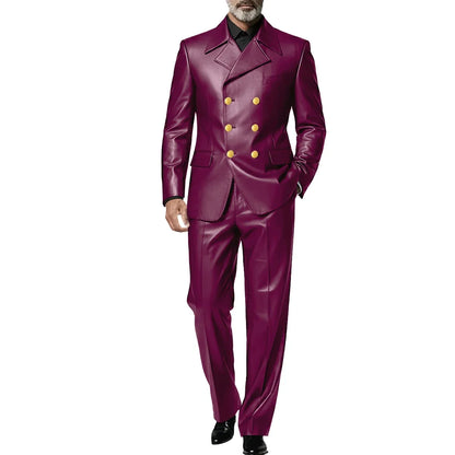 Men's Leather 2 Piece Suit Retro Double Breasted Peak Lapel Slim Fit Blazer Straight Leg Pants Formal Set Business Casual Weddin