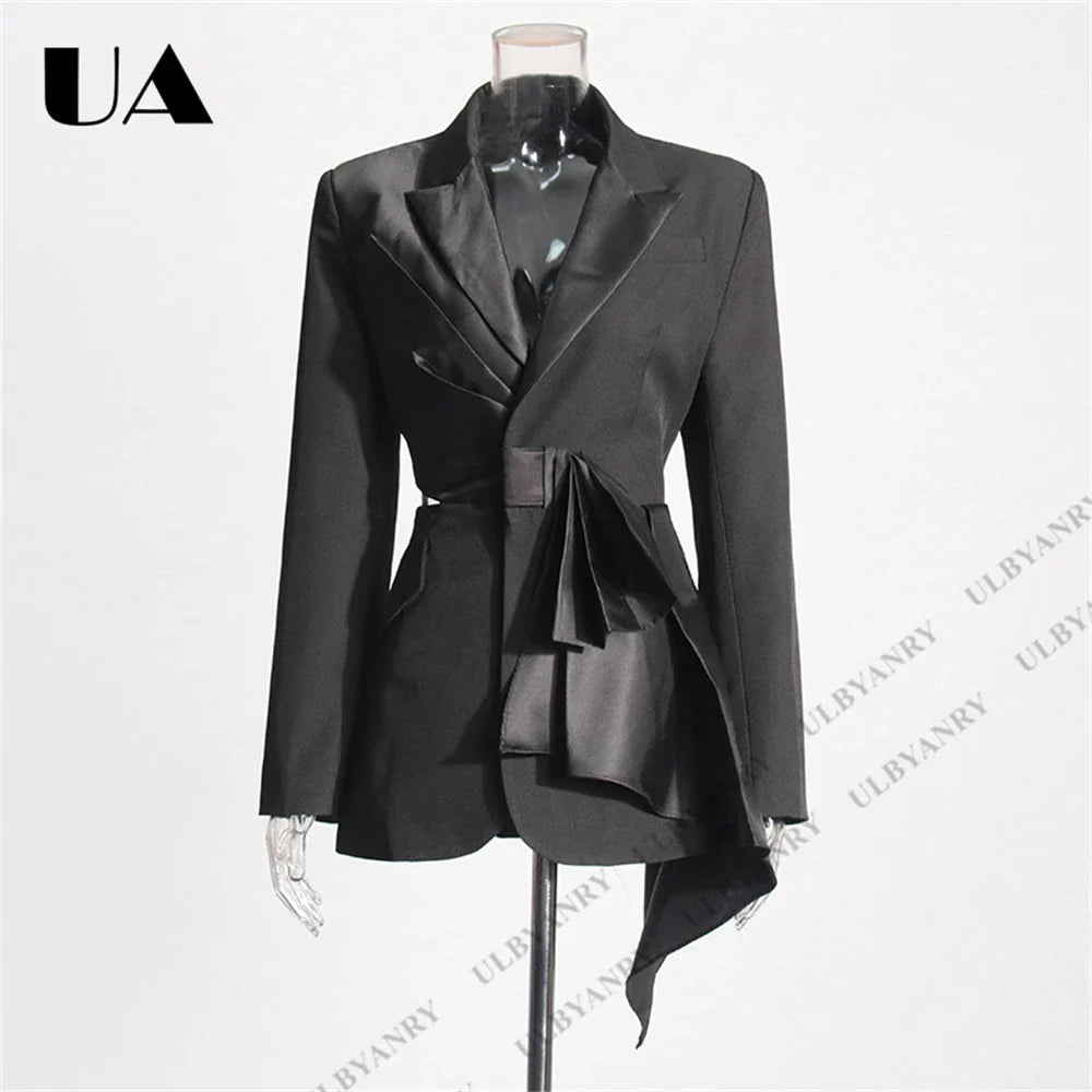 Womens Black Blazer with Satin Ruffle Waist Tie and Peak Lapel Events Gala Birthday Prom Party Suit Attire Slim Fitting