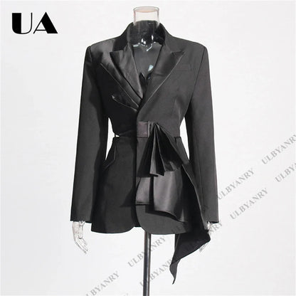 Womens Black Blazer with Satin Ruffle Waist Tie and Peak Lapel Events Gala Birthday Prom Party Suit Attire Slim Fitting