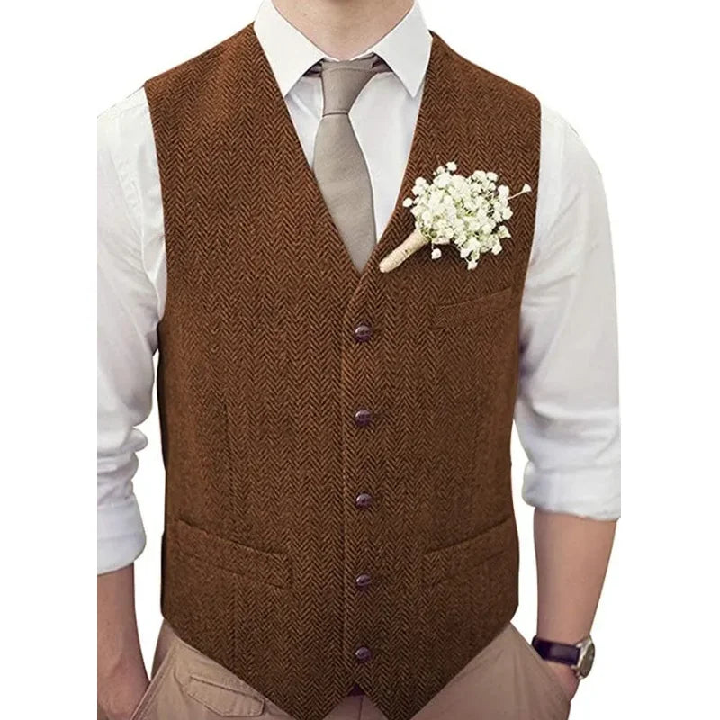 Men's Vest Herringbone V-Neck Single Button Waistcoat for Wedding, Business & Casual Wear