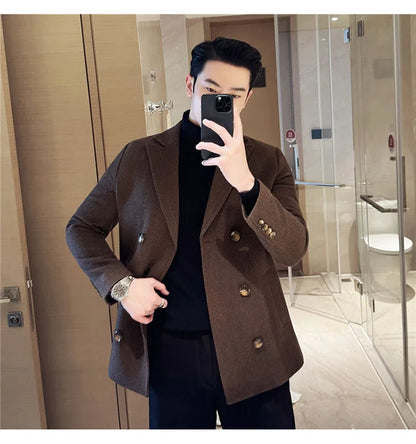 British Style Winter Double Breasted Woolen Suit Jackets Men Thick Warm Wedding Business Blazers Solid Color Casual Dress Coat
