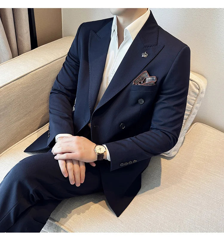 (Blazer + Trousers) Fashion Double Breasted Design Slim Men's Suit Italian Style Luxury Wedding Social Party Tuxedo 2 Piece Set