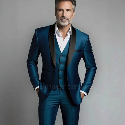 Classic Style 3 Piece Slim Fit Green Men Suit Groom Tuxedos Shawl Lapel Single Breasted Blazer Vest Pants Set Party Men Clothing