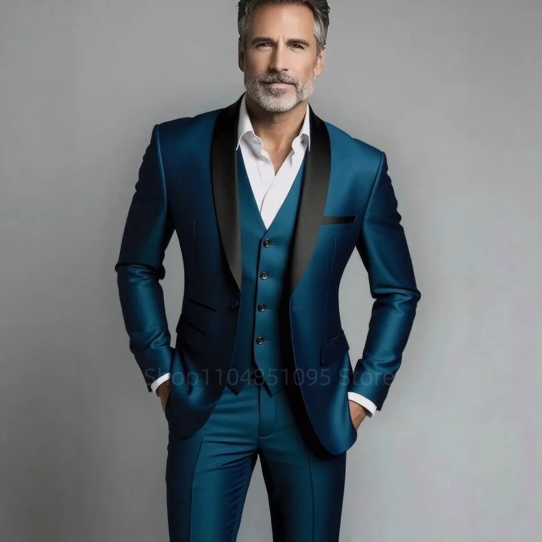 Classic Style 3 Piece Slim Fit Green Men Suit Groom Tuxedos Shawl Lapel Single Breasted Blazer Vest Pants Set Party Men Clothing