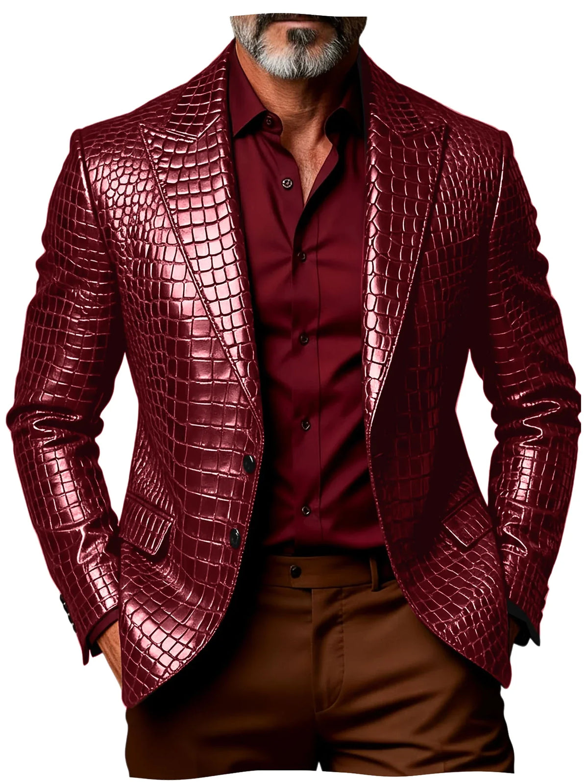 Luxury Men's Crocodile Pattern PU Leather Blazer Notch Lapel Single-Breasted 2 Button Slim Fit Jacket Business Casual for Man