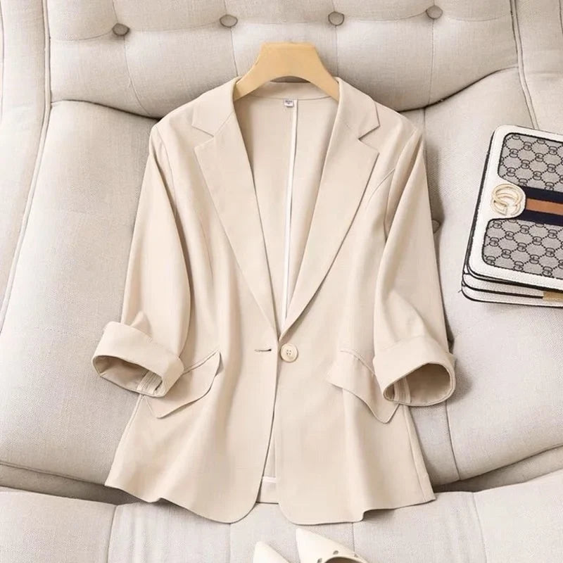 Spring Summer New Style Korean Version Silk Fashion Small Suit Jacket Women Thin Sleeve Seven Button Slim Fit Western Wear