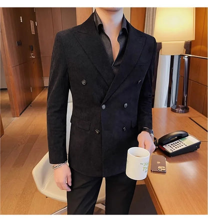 Autumn Winter Corduroy Suit Jacket Purple Man Suit Coat Solid color Double breasted slim fit Suit Man tops