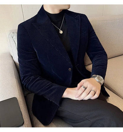 Autumn Winter New Corduroy Striped Suit Jacket Men High Quality Slim Fit Business Social Formal Suit Coats Tailcoat Men Clothing