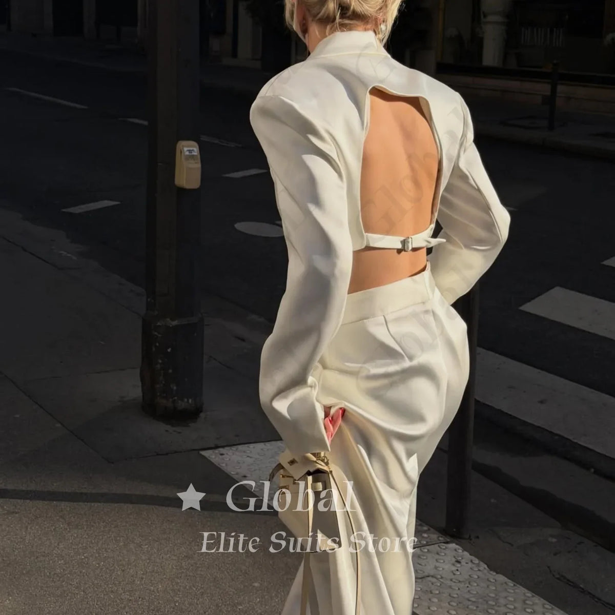 Women White Cropped Blazer 2 Piece Suit Backless Cutout Satin Wide Leg Pants Set Party Wedding Streetwear Formal Customized