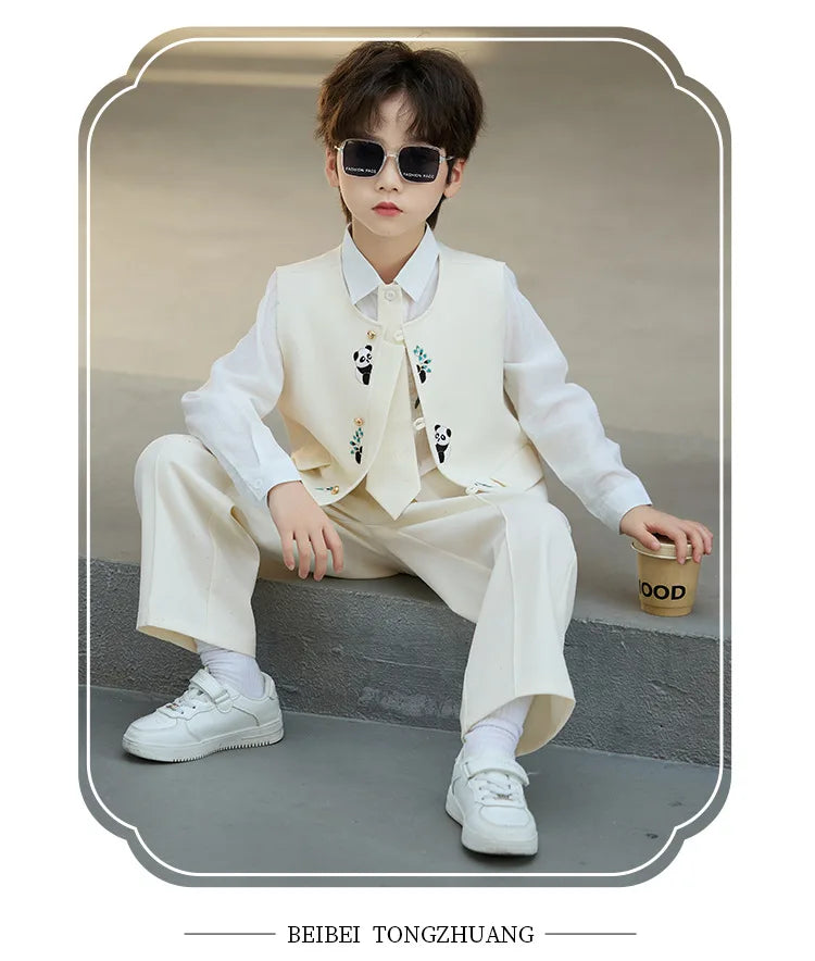 90-160 Kids New Chinese Tang Suit Hanfu Embroidery Suit Flower Boys Host Recitation Performance Costume