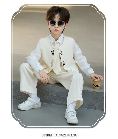 90-160 Kids New Chinese Tang Suit Hanfu Embroidery Suit Flower Boys Host Recitation Performance Costume