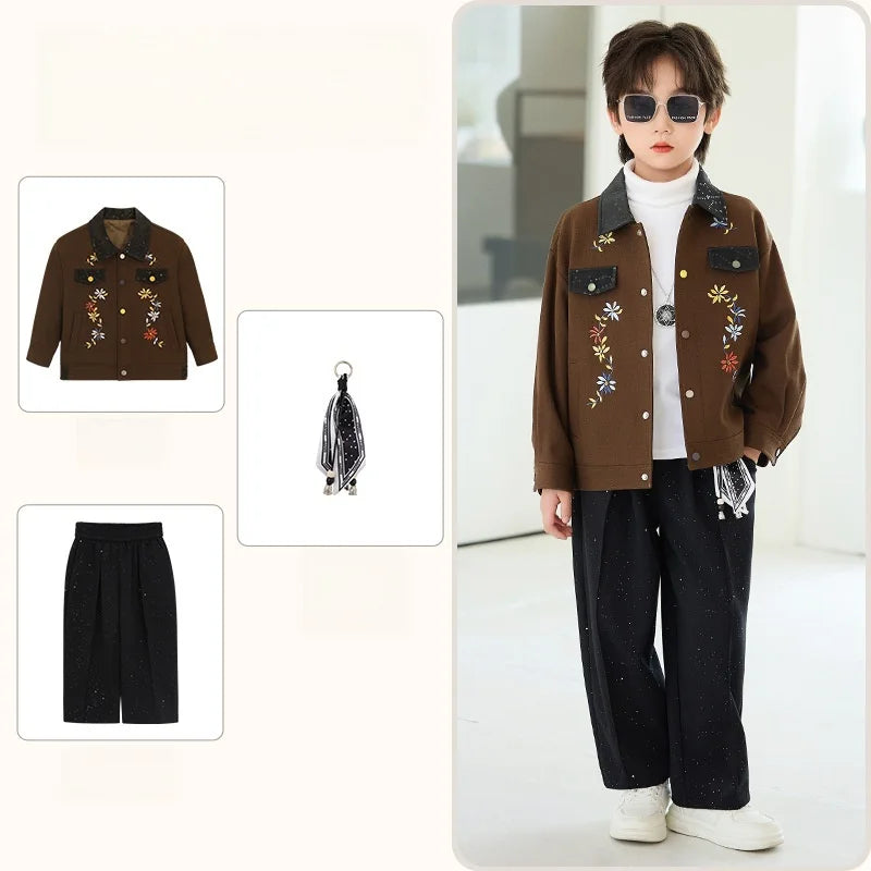 2026 New Autumn Winter Boys' Embroidered Suit Set 90-170 Children's Casual Jackets Pants 2Pieces Clothing Set