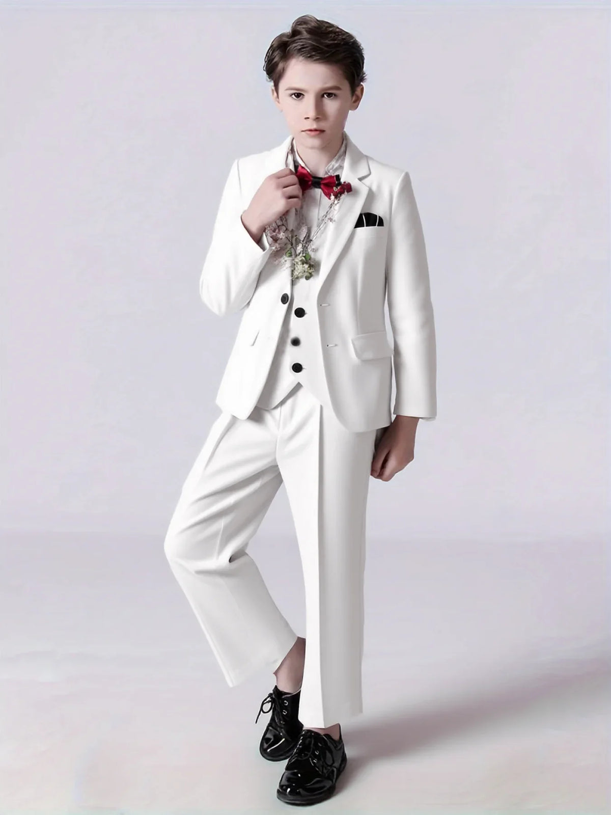 Boys Wedding Party Dress Children Performance Costome Kids New Year Red 4Pieces/Set Jacket Vest Pants Bowtie Photography Suit