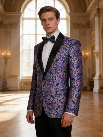 Blue Paisley Jacquard Mens Tuxedo Blazer, Black Satin Shawl Lapel Single Button Suit Jacket for Party Stage Banquet