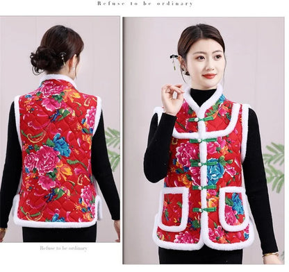 Middle-aged Mother Add Velvet Warm Vest Coat Autumn Winter New Printed Fleece Sleeveless Jacket Grandma Thicken Warm Waistcoat