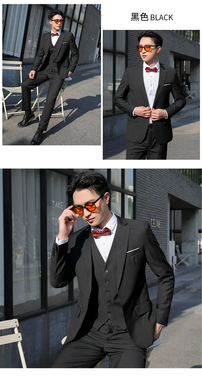 Men's Formal 3-Piece Suit Blazer Vest Trousers Single Breasted Solid Color Wedding Business Wear