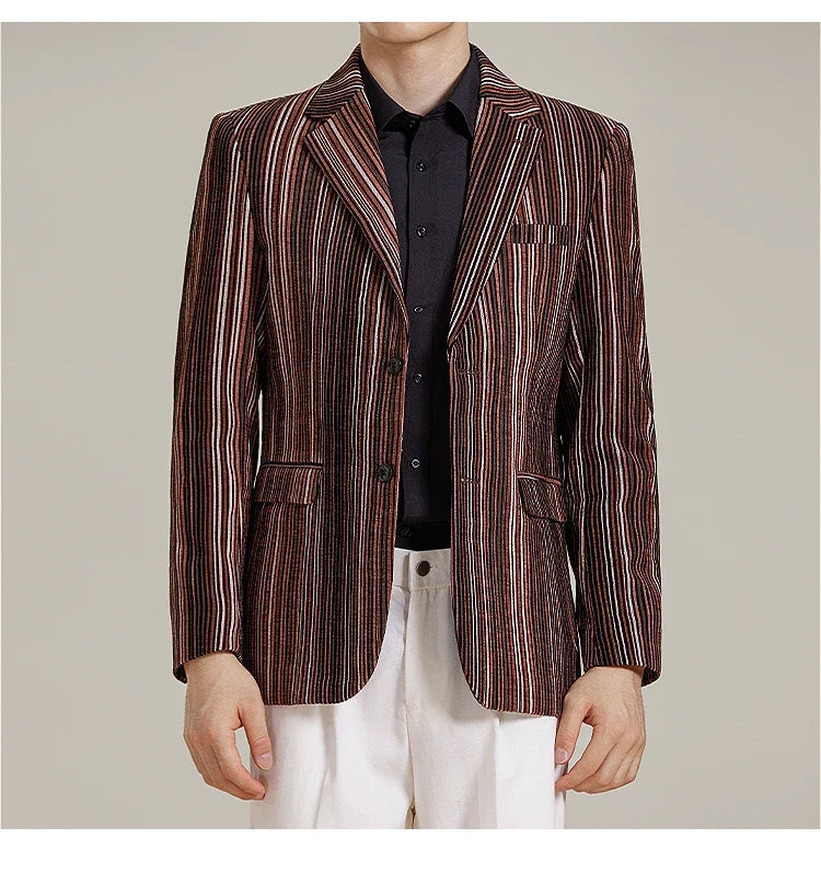 2025 Autumn Winter Velvet Striped Fashion Casual Suit Jacket Slim Fit Versatile Business Blazers Social Wedding Groom Dress Coat