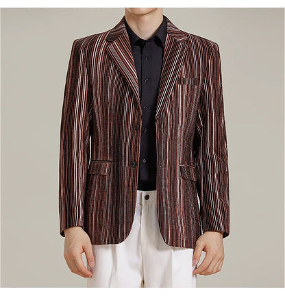 2025 Autumn Winter Velvet Striped Fashion Casual Suit Jacket Slim Fit Versatile Business Blazers Social Wedding Groom Dress Coat