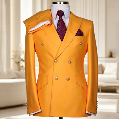 Men's Serge Suit 2 Piece Double Breasted Slim Fit Peak Lapel Gold Button High Quality Formal Blazer Pants Formal Business Weddin