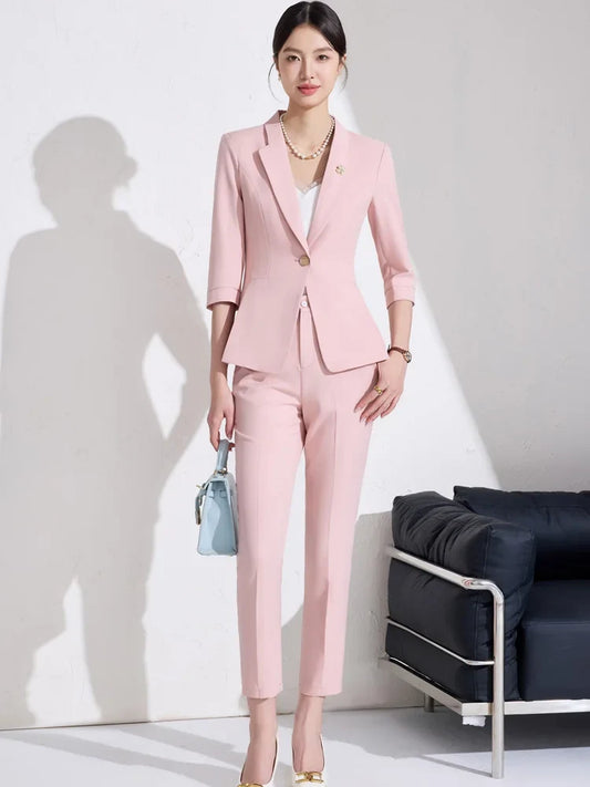 New spring/summer 2025, fashionable professional women's clothing, high-quality mid-sleeved two-piece pants + blazer.