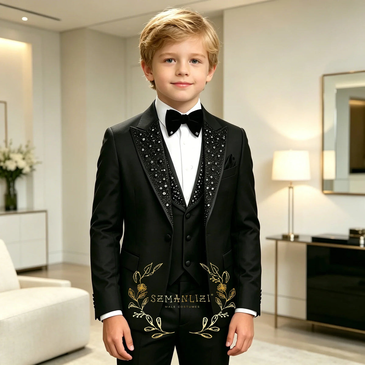 Classic Suits for Boys Black Crystals 3-Piece Fashion Stylish Boy's Tuxedo Formal For Party Outfit For Kids Blazer Vest Pant